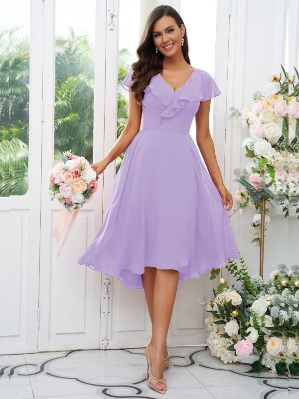 A-Line/Princess Chiffon Ruffles V-neck Short Sleeves Asymmetrical Bridesmaid Dresses 2221