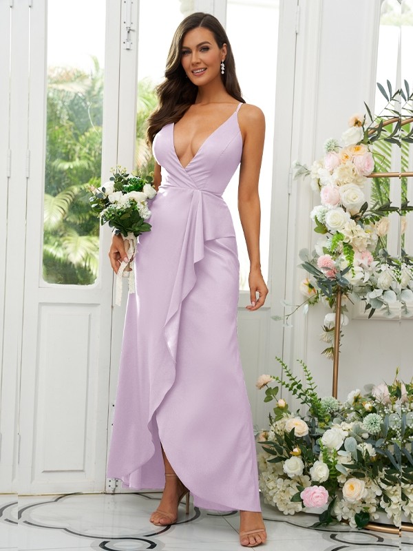 A-Line/Princess Silk like Satin Ruffles V-neck Sleeveless Floor-Length Bridesmaid Dresses 2492