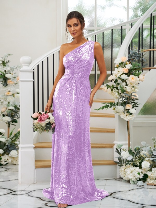 Sheath/Column Sequins Ruched One-Shoulder Sleeveless Sweep/Brush Train Bridesmaid Dresses 3042