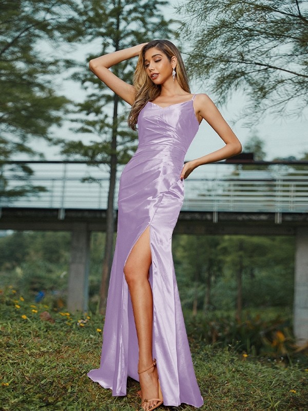 Sheath/Column Silk like Satin Ruched V-neck Sleeveless Floor-Length Bridesmaid Dresses 3083