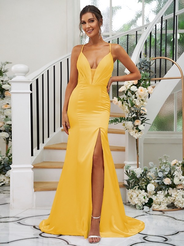 Sheath/Column Silk like Satin Ruched V-neck Sleeveless Sweep/Brush Train Bridesmaid Dresses 3091