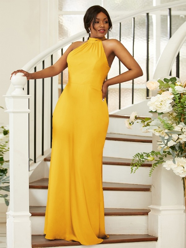 Sheath/Column Silk like Satin Ruched Halter Sleeveless Floor-Length Bridesmaid Dresses 3053