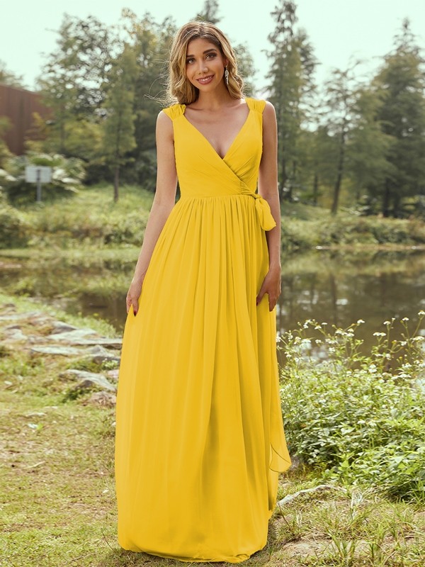 A-Line/Princess Chiffon Ruffles V-neck Sleeveless Floor-Length Bridesmaid Dresses 2235