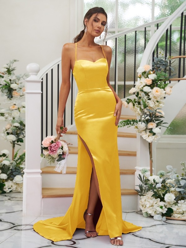 Sheath/Column Elastic Woven Satin Ruched Square Sleeveless Sweep/Brush Train Bridesmaid Dresses 2932