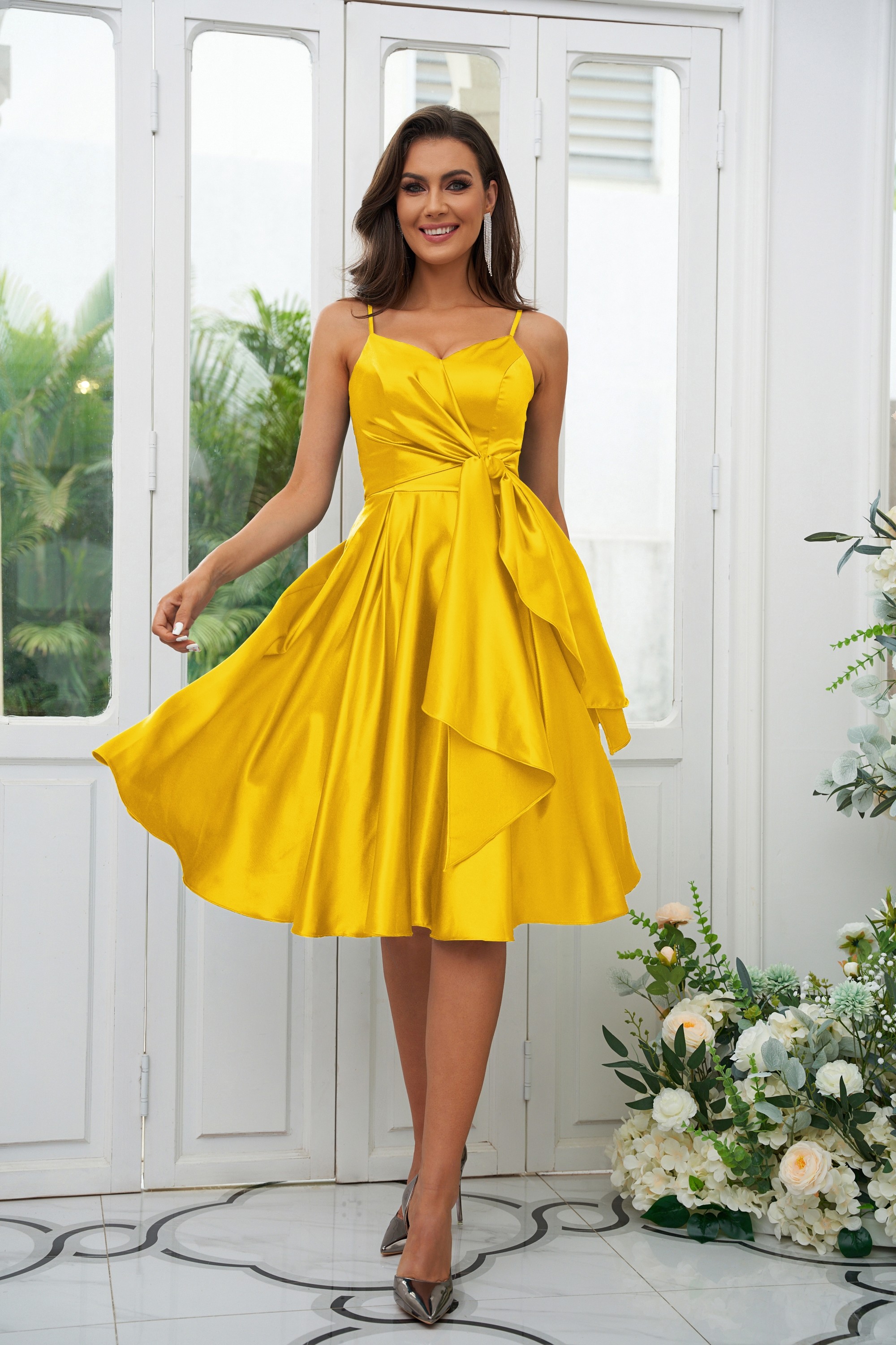 A-Line/Princess Elastic Woven Satin Ruffles Spaghetti Straps Sleeveless Knee-Length Bridesmaid Dresses 2259