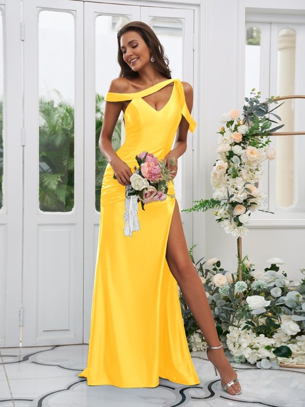 Sheath/Column Polyester Ruched Off-the-Shoulder Sleeveless Sweep/Brush Train Bridesmaid Dresses 2881