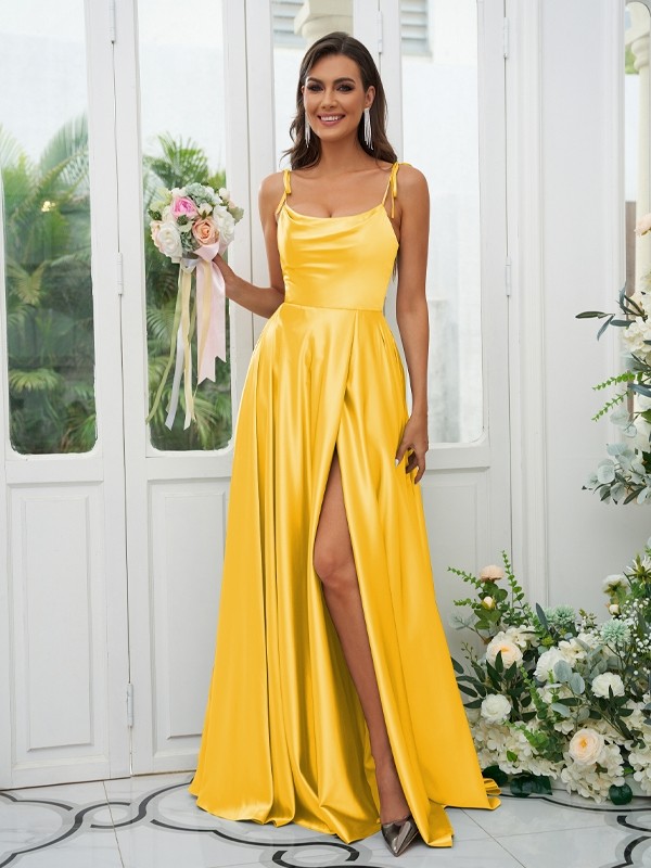 A-Line/Princess Silk like Satin Ruffles Spaghetti Straps Sleeveless Sweep/Brush Train Bridesmaid Dresses 2485