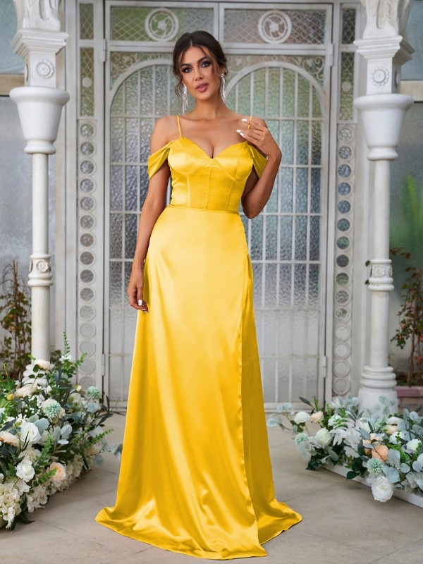 A-Line/Princess Silk like Satin Ruched Sweetheart Sleeveless Sweep/Brush Train Bridesmaid Dresses 2473