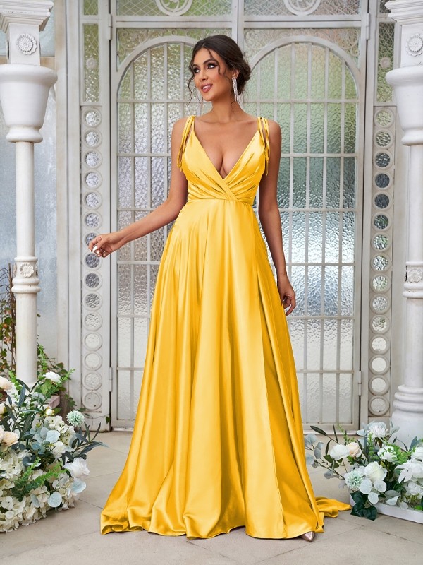 A-Line/Princess Silk like Satin Ruffles V-neck Sleeveless Sweep/Brush Train Bridesmaid Dresses 2494