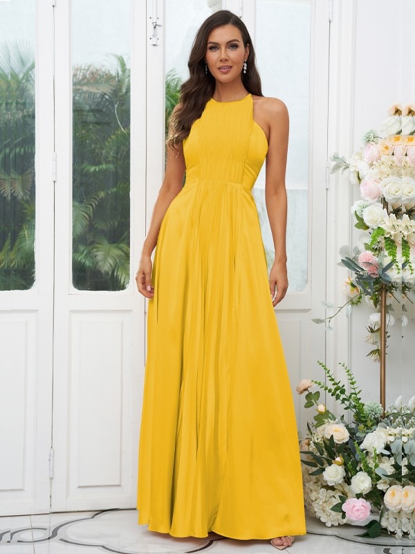 A-Line/Princess Silk like Satin Ruffles Halter Sleeveless Floor-Length Bridesmaid Dresses 2480