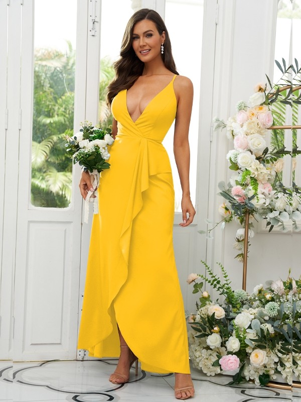 A-Line/Princess Silk like Satin Ruffles V-neck Sleeveless Floor-Length Bridesmaid Dresses 2492