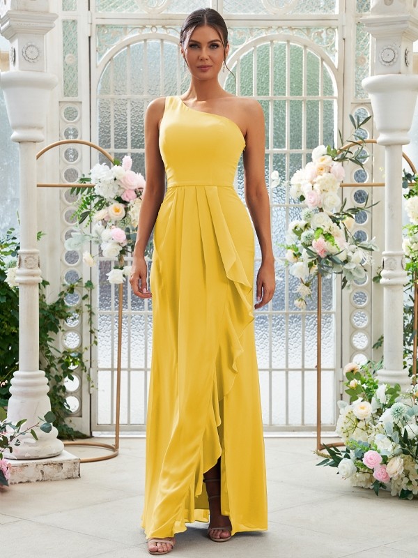 Sheath/Column Chiffon Ruffles One-Shoulder Sleeveless Floor-Length Bridesmaid Dresses 2914