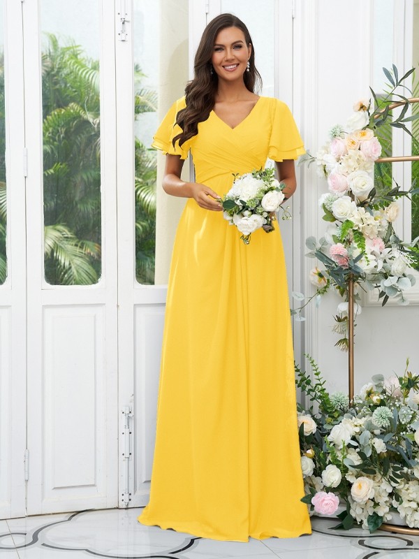 A-Line/Princess Chiffon Ruffles V-neck Short Sleeves Floor-Length Bridesmaid Dresses 2225