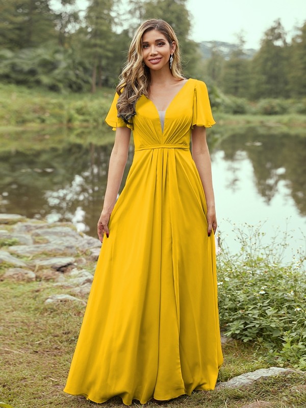 A-Line/Princess Chiffon Ruffles V-neck Short Sleeves Floor-Length Bridesmaid Dresses 2223