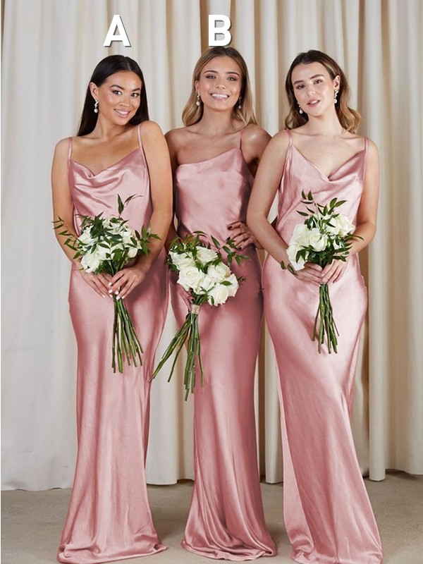 Sheath/Column Silk like Satin Ruched Spaghetti Straps Sleeveless Sweep/Brush Train Bridesmaid Dresses 3075