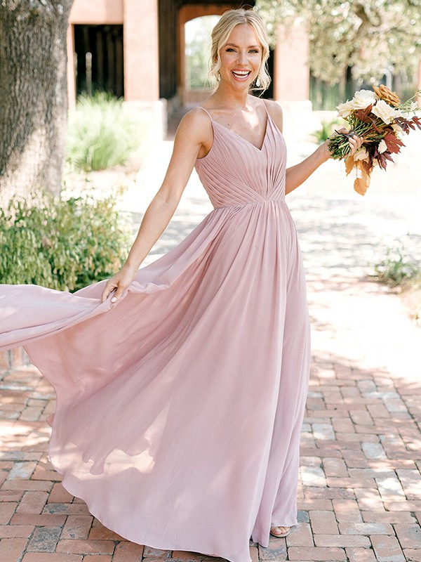 A-Line/Princess Chiffon Ruched V-neck Sleeveless Floor-Length Bridesmaid Dresses 2186