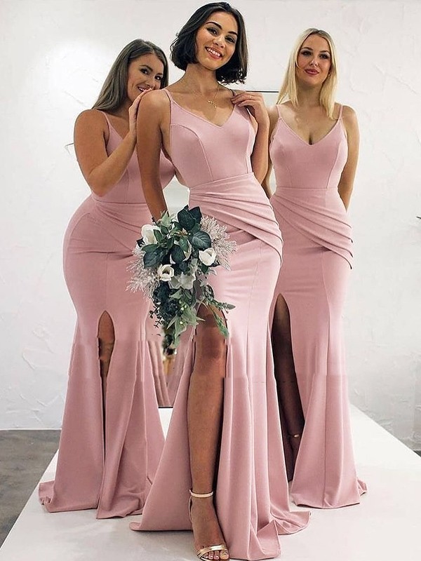 Sheath/Column Stretch Crepe Ruched V-neck Sleeveless Sweep/Brush Train Bridesmaid Dresses 3186