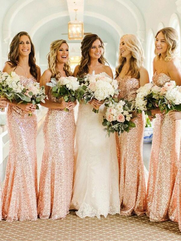 Sheath/Column Sequins Sweetheart Sleeveless Sweep/Brush Train Bridesmaid Dresses 3050