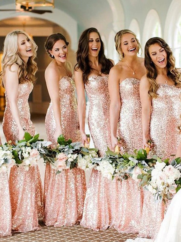 Sheath/Column Sequins Sweetheart Sleeveless Sweep/Brush Train Bridesmaid Dresses 3050