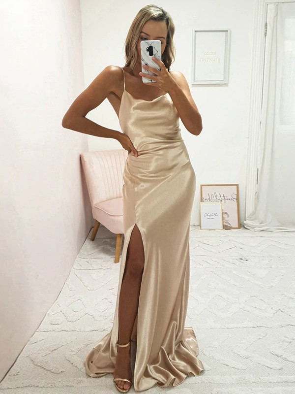 Sheath/Column Elastic Woven Satin Ruched Spaghetti Straps Sleeveless Sweep/Brush Train Bridesmaid Dresses 2931