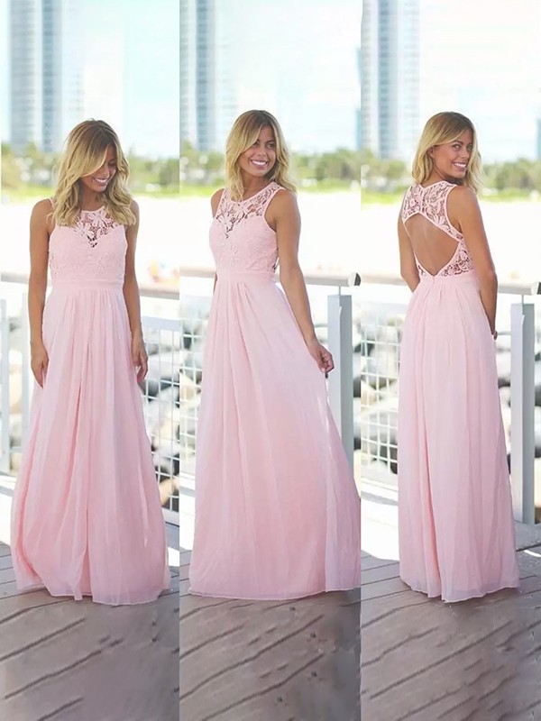 A-Line/Princess Chiffon Lace Scoop Sleeveless Floor-Length Bridesmaid Dresses 2146