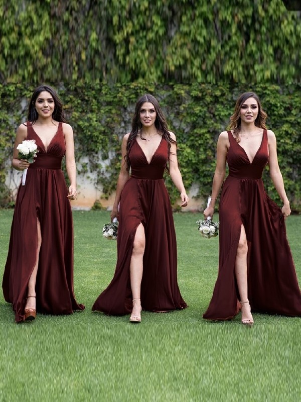 A-Line/Princess Silk Like Satin Ruched V-neck Sleeveless Sweep/Brush Train Bridesmaid Dresses 2125