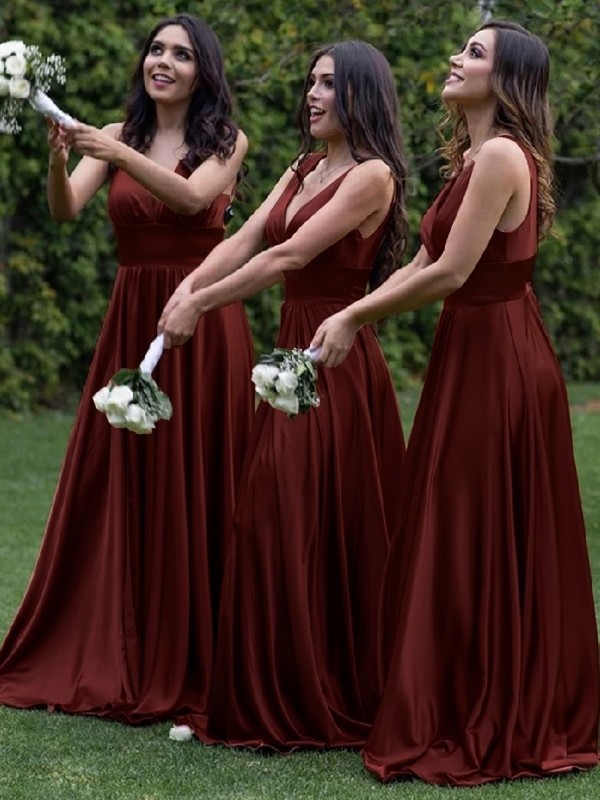 A-Line/Princess Silk Like Satin Ruched V-neck Sleeveless Sweep/Brush Train Bridesmaid Dresses 2125