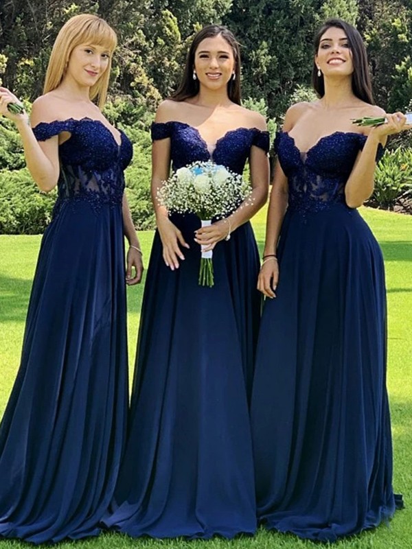 A-Line/Princess Chiffon Applique Off-the-Shoulder Sleeveless Sweep/Brush Train Bridesmaid Dresses 2127