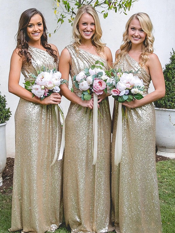 A-Line/Princess Sequins Ruched One-Shoulder Sleeveless Sweep/Brush Train Bridesmaid Dresses 2465