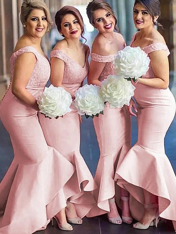 Trumpet/Mermaid Stretch Crepe Lace Off-the-Shoulder Sleeveless Asymmetrical Bridesmaid Dresses 3285