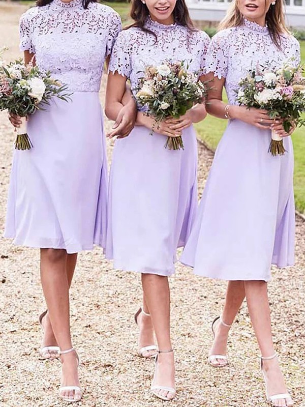 A-Line/Princess Chiffon Lace High Neck Short Sleeves Knee-Length Bridesmaid Dresses 2141