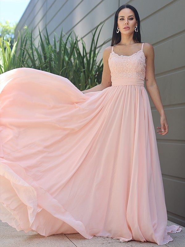 A-Line/Princess Chiffon Lace Spaghetti Straps Sleeveless Sweep/Brush Train Bridesmaid Dresses 2147