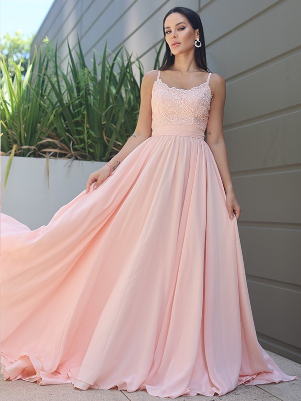 A-Line/Princess Chiffon Lace Spaghetti Straps Sleeveless Sweep/Brush Train Bridesmaid Dresses 2147