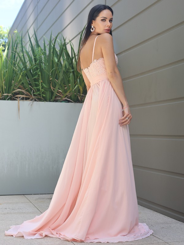 A-Line/Princess Chiffon Lace Spaghetti Straps Sleeveless Sweep/Brush Train Bridesmaid Dresses 2147