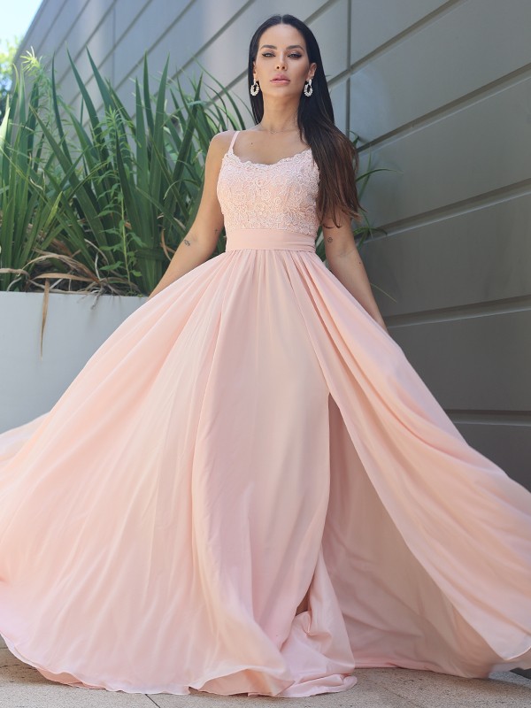 A-Line/Princess Chiffon Lace Spaghetti Straps Sleeveless Sweep/Brush Train Bridesmaid Dresses 2147