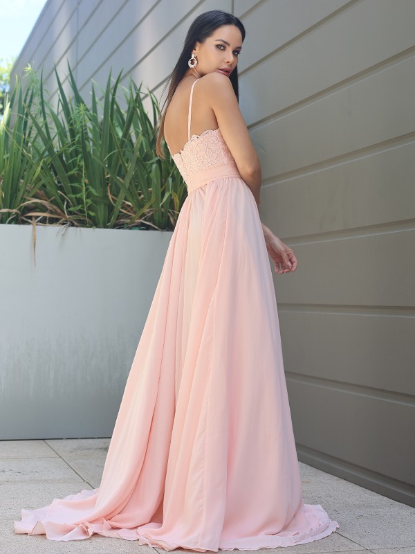 A-Line/Princess Chiffon Lace Spaghetti Straps Sleeveless Sweep/Brush Train Bridesmaid Dresses 2147