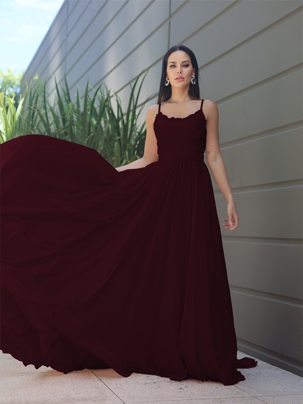 A-Line/Princess Chiffon Lace Spaghetti Straps Sleeveless Sweep/Brush Train Bridesmaid Dresses 2147