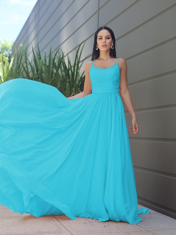 A-Line/Princess Chiffon Lace Spaghetti Straps Sleeveless Sweep/Brush Train Bridesmaid Dresses 2147