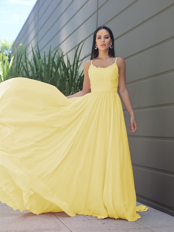 A-Line/Princess Chiffon Lace Spaghetti Straps Sleeveless Sweep/Brush Train Bridesmaid Dresses 2147