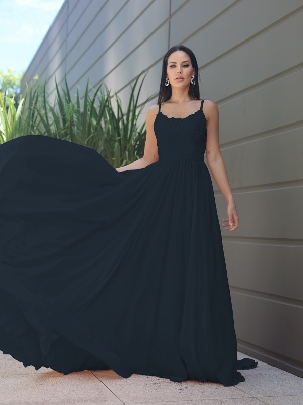 A-Line/Princess Chiffon Lace Spaghetti Straps Sleeveless Sweep/Brush Train Bridesmaid Dresses 2147