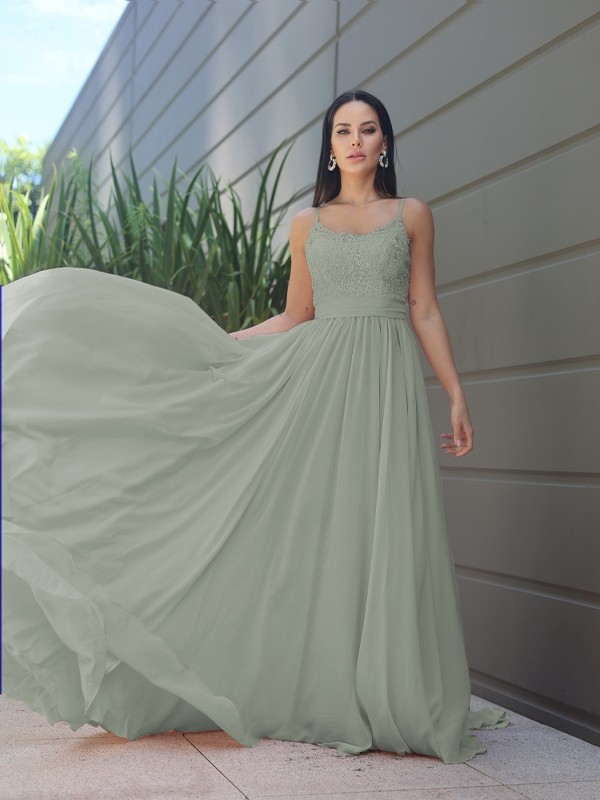 A-Line/Princess Chiffon Lace Spaghetti Straps Sleeveless Sweep/Brush Train Bridesmaid Dresses 2147