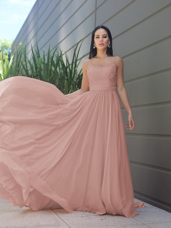 A-Line/Princess Chiffon Lace Spaghetti Straps Sleeveless Sweep/Brush Train Bridesmaid Dresses 2147