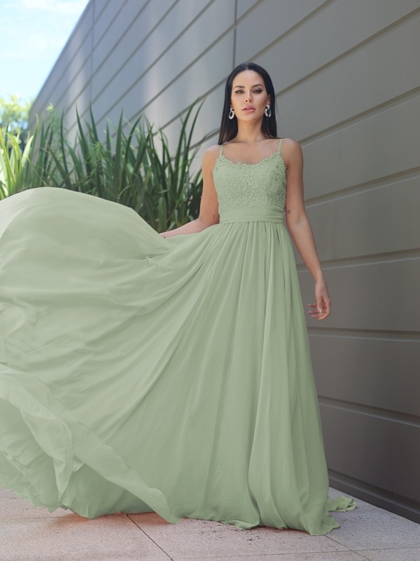 A-Line/Princess Chiffon Lace Spaghetti Straps Sleeveless Sweep/Brush Train Bridesmaid Dresses 2147