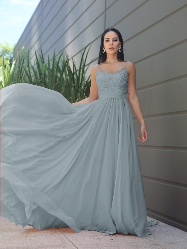 A-Line/Princess Chiffon Lace Spaghetti Straps Sleeveless Sweep/Brush Train Bridesmaid Dresses 2147