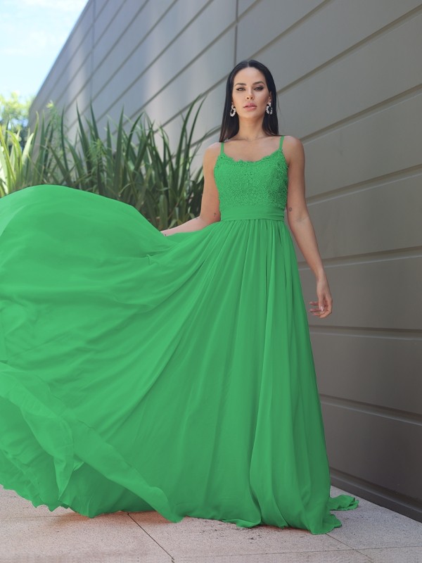 A-Line/Princess Chiffon Lace Spaghetti Straps Sleeveless Sweep/Brush Train Bridesmaid Dresses 2147