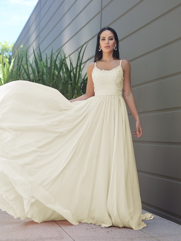 A-Line/Princess Chiffon Lace Spaghetti Straps Sleeveless Sweep/Brush Train Bridesmaid Dresses 2147