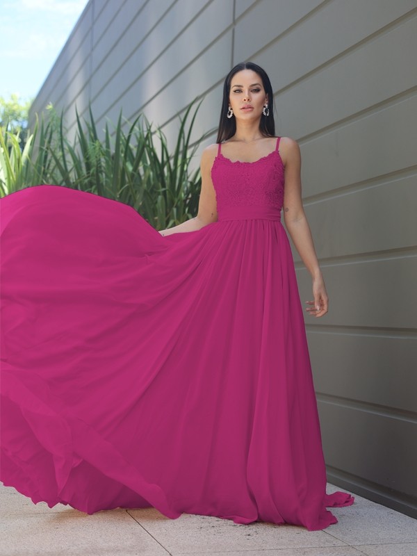 A-Line/Princess Chiffon Lace Spaghetti Straps Sleeveless Sweep/Brush Train Bridesmaid Dresses 2147