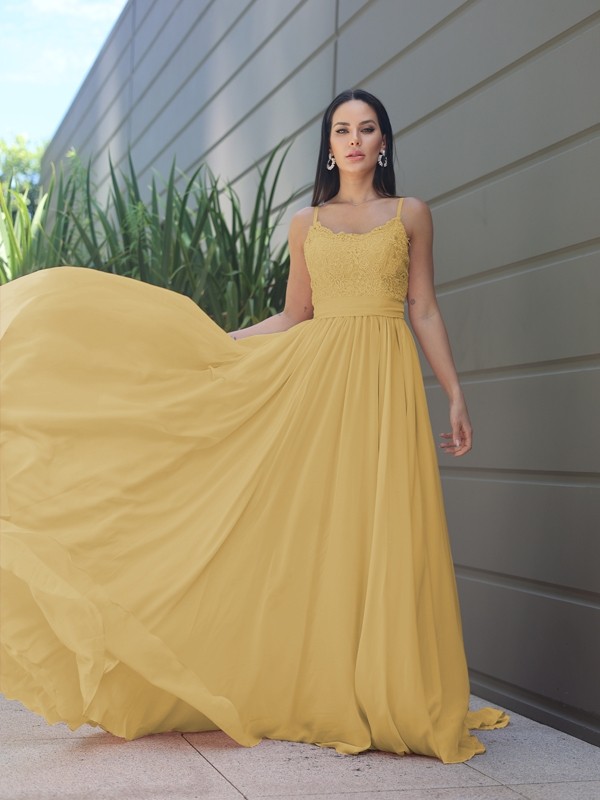 A-Line/Princess Chiffon Lace Spaghetti Straps Sleeveless Sweep/Brush Train Bridesmaid Dresses 2147