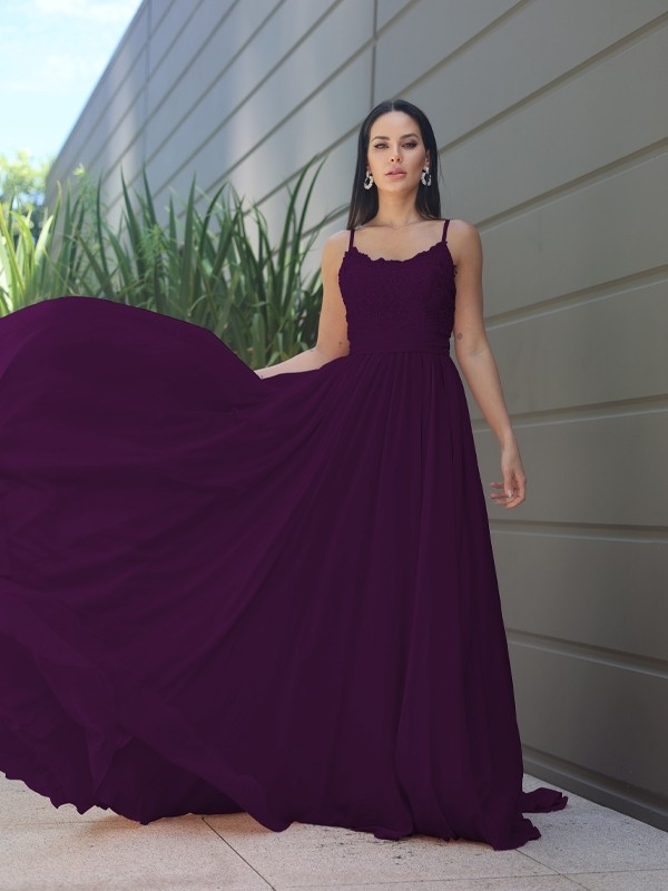 A-Line/Princess Chiffon Lace Spaghetti Straps Sleeveless Sweep/Brush Train Bridesmaid Dresses 2147