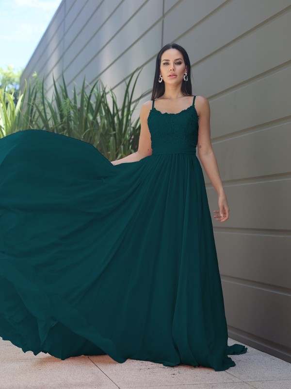 A-Line/Princess Chiffon Lace Spaghetti Straps Sleeveless Sweep/Brush Train Bridesmaid Dresses 2147